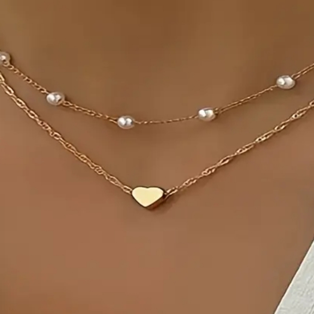 DOUBLE LAYER MINI HEART SIMULATED PEARL NECKLACE - Picture 1 of 4